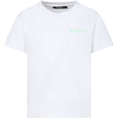 Balmain White T-shirt For Kids With Green Logo