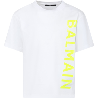 Balmain White T-shirt For Kids With Yellow Logo
