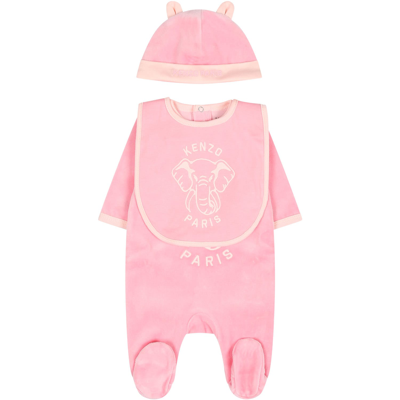 Kenzo Pink Set For Baby Girl With Print And Logo