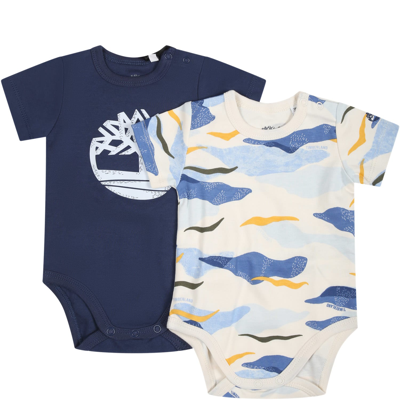 Timberland Blue Bodysuit Set For Baby Boy With Logo