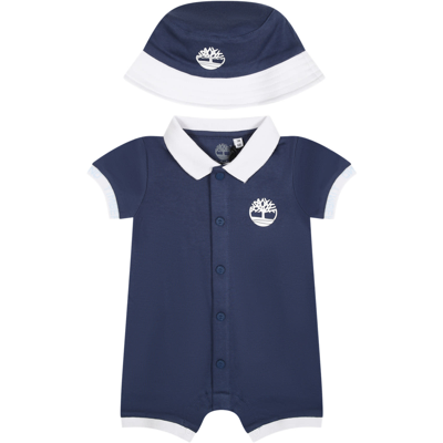 Timberland Blue Romper For Baby Boy With Logo