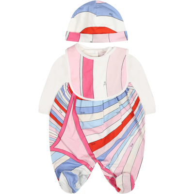 Pucci Babies' Printed Cotton Jersey Romper, Bib & Hat In Ivory,multi