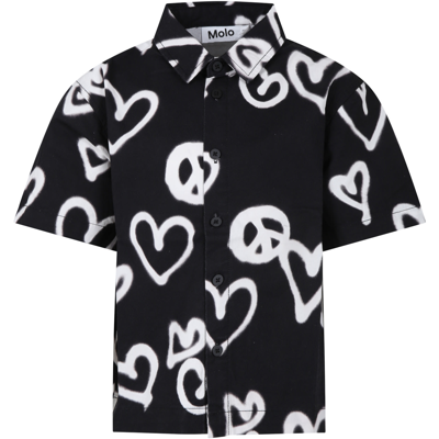 Molo Kids' Black Shirt For Boy With White Hearts