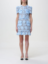 Self-portrait Bue Crewneck Mini Dress With Rhinestoned Collar And All-over Floral Lace Embroidery In Tech Fabric W In Blue