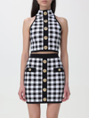 Balmain Cropped Button-embellished Gingham Knitted Top In Black