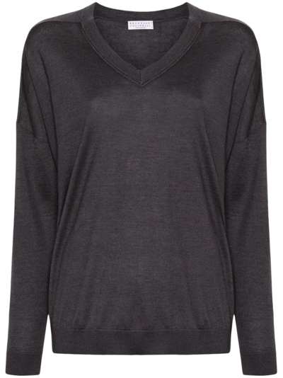 Brunello Cucinelli Cashmere And Silk Blend V-necked Sweater In Grey