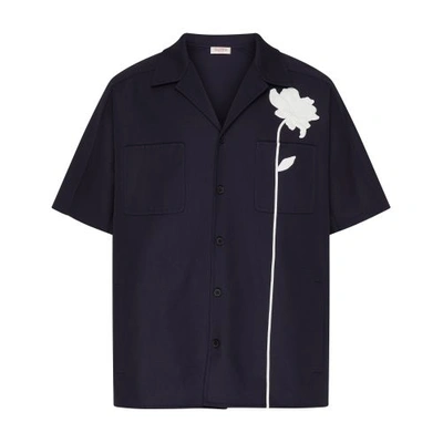 Valentino Short-sleeved Embroidered Shirt In Blu_scuro