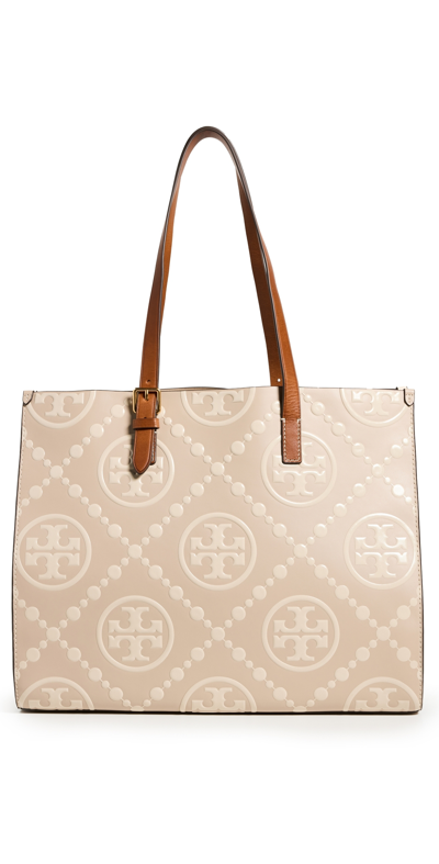 Tory Burch T Monogram Contrast Embossed Leather Medium Tote In Olive Sprig/gold