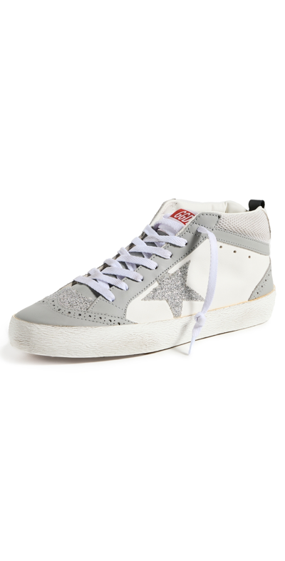 Golden Goose Mid Star Leather And Net Crystal Star Trainers Grey/white/crystal