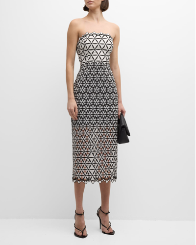 Milly Strapless Geometric Lace Midi Dress In Blackwhite