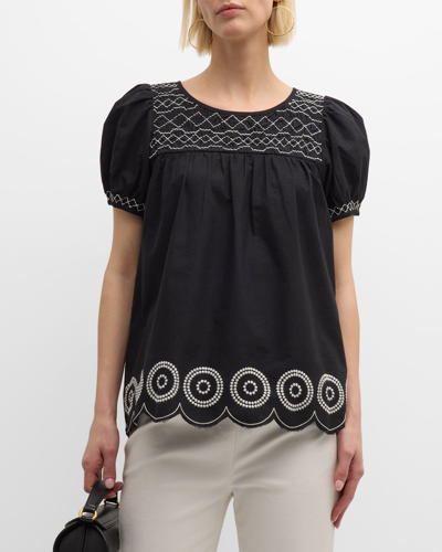 Frances Valentine Whit Embroidered Scallop Raw-cut Top In Black White