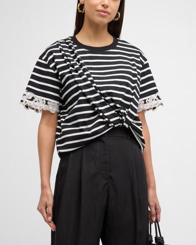 3.1 Phillip Lim / フィリップ リム Striped Lace-embroidered T-shirt In Blk Multi Stripe