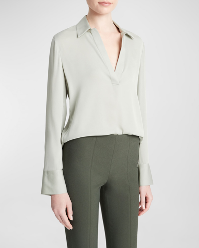 Vince Long-sleeve Silk Pullover Polo Top In Silver Sage