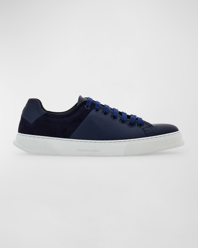 Ferragamo Men's Clayton Leather And Suede Low-top Sneakers In Blue Marin