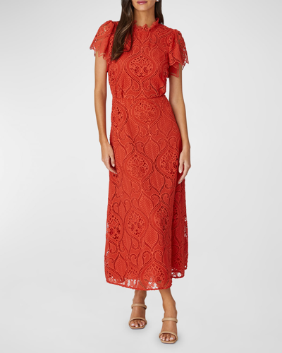 Shoshanna Norma Embroidered Cutout Midi Dress In Poppy