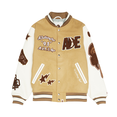 Pre-owned Bape Multi Motif Varsity Jacket 'beige' In Tan