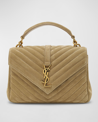 Saint Laurent College Medium Flap Ysl Shoulder Bag In Quilted Suede In Matt Gold