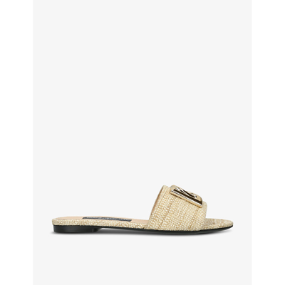 DOLCE & GABBANA DOLCE & GABBANA WOMEN'S CREAM BRANDED-HARDWARE RAFFIA SLIDERS