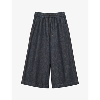 Loewe Womens Indigo Anagram-embroidered Cropped Wide-leg Cotton And Linen-blend Trousers