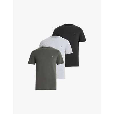 Allsaints Brace Brushed Cotton T-shirts 3 Pack In Grn/gry Mrl/jt Blk