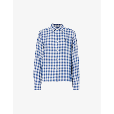 Polo Ralph Lauren Womens 1618 Blue White Check Brand-embroidered Curved-hem Relaxed-fit Linen Shirt