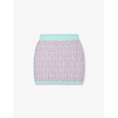 Fendi Kids' Logo-intarsia Cotton And Cashmere-blend Knitted Mini Skirt 8-12+ Years In Acquamarina+holliwoo