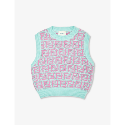 Fendi Kids' Light Blue Vest Sweater For Girl With Ff In Acquamarina+holliwoo