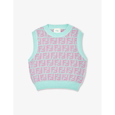 Fendi Light Blue Vest Sweater For Girl With Ff In Multicoloured