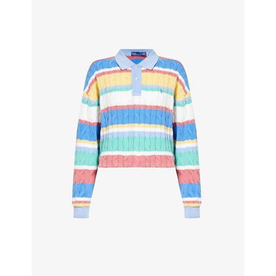 Polo Ralph Lauren Womens Multi Stripe Brand-embroidered Cable-knit Knitted Polo Shirt