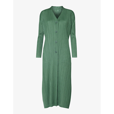 Issey Miyake Pleats Please  Womens Moss Green December Pleated Slim-fit Knitted Coat