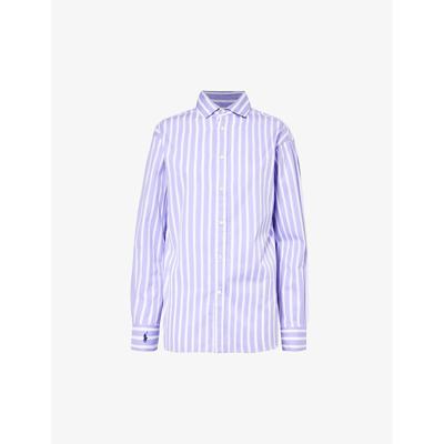 Polo Ralph Lauren Womens Purple White Stripe Striped Box-pleat Cotton Shirt