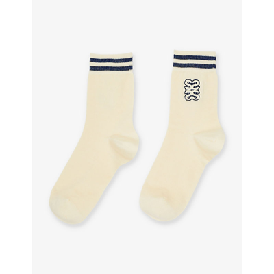 Sandro Womens Bleus Logo-embroidered Ribbed Stretch-cotton Socks In Ecru Green