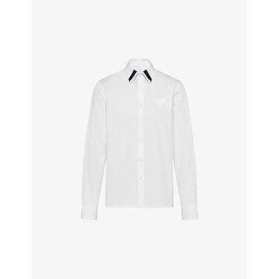 Prada Mens White Brand-patch Contrast-panel Cotton Shirt