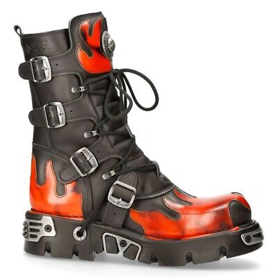 Pre-owned New Rock Rock Rock 591-s1 Red Flame Metallic Black Leather Boot Biker Goth Boots In Black Red
