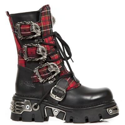 Pre-owned New Rock Rock 391t-s1 Black Leather Tartan Gothic Boots Punk Emo Military