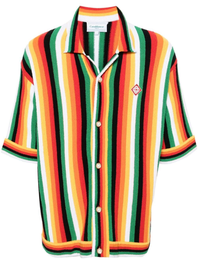 Casablanca Camp-collar Logo-appliquéd Striped Cotton-blend Terry Shirt In Green
