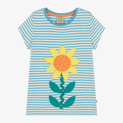 Frugi Kids' Girls Blue Striped Cotton Flower T-shirt