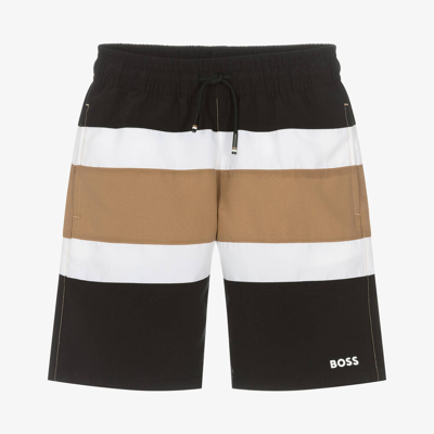 HUGO BOSS BOSS TEEN BOYS BLACK STRIPED SWIM SHORTS