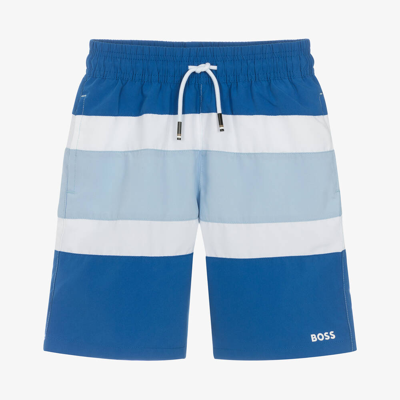 HUGO BOSS BOSS TEEN BOYS BLUE STRIPED SWIM SHORTS