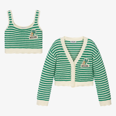 Moschino Kid-teen Teen Girls Green Cotton Knit Cardigan Set