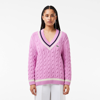 LACOSTE WOMEN'S CONTRAST ACCENT CABLE KNIT V NECK SWEATER - 34