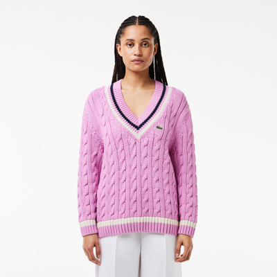 Lacoste Women's Contrast Accent Cable Knit V Neck Sweater  - 44 In Pink