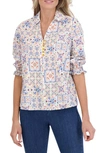 Foxcroft Alexis Watercolor Print Smocked Sleeve Cotton Popover Top In White Multi