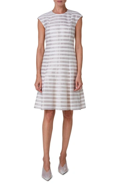 Akris Punto Metallic Kodak Stripe Jacquard Linen-blend Cap-sleeve Dress In Flax-cream