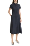 Theory Good Linen Short-sleeve Button-front Midi Shirt Dress In Black