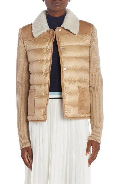 Moncler Suede-trim Puffer Cardigan With Shearling Collar In Medium Beige