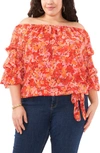 VINCE CAMUTO VINCE CAMUTO FLORAL OFF THE SHOULDER BUBBLE SLEEVE TOP