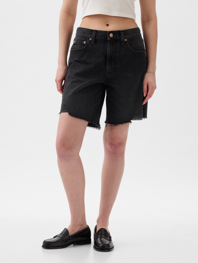 Gap 8" Mid Rise '90s Loose Denim Bermuda Shorts In Black Destroy Wash