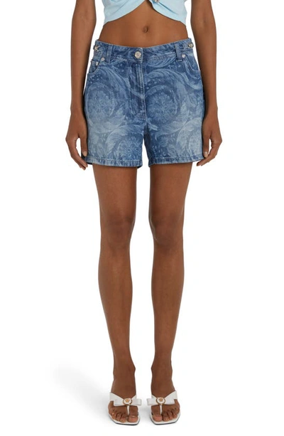 Versace Logo-patch Cotton Shorts In Blue