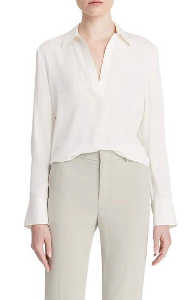 Vince Silk Stretch V Neck Top In Off White
